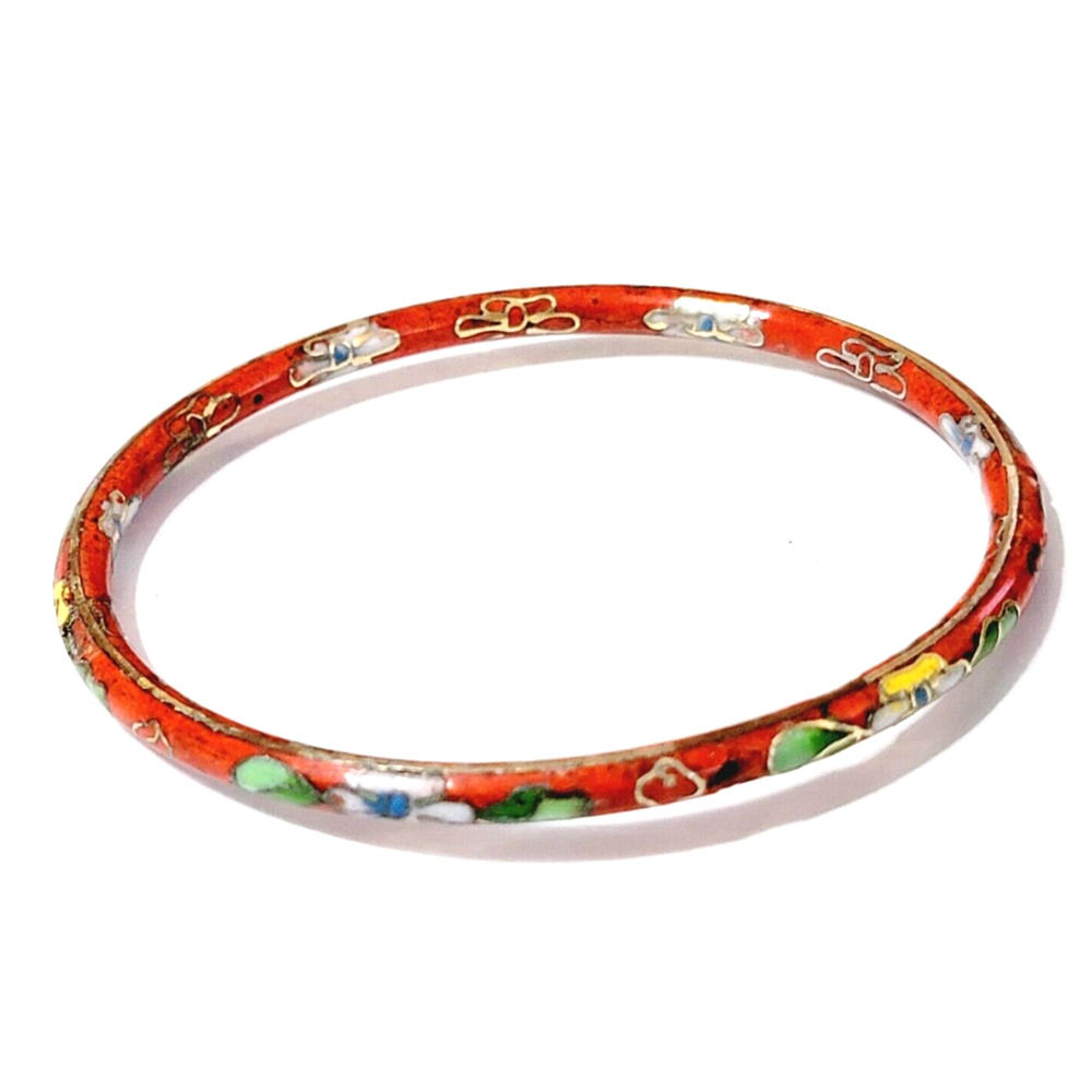 Vintage Red Cloissonne Bracelet Bangle Flowers Yellow Purple Floral Boho bn-1